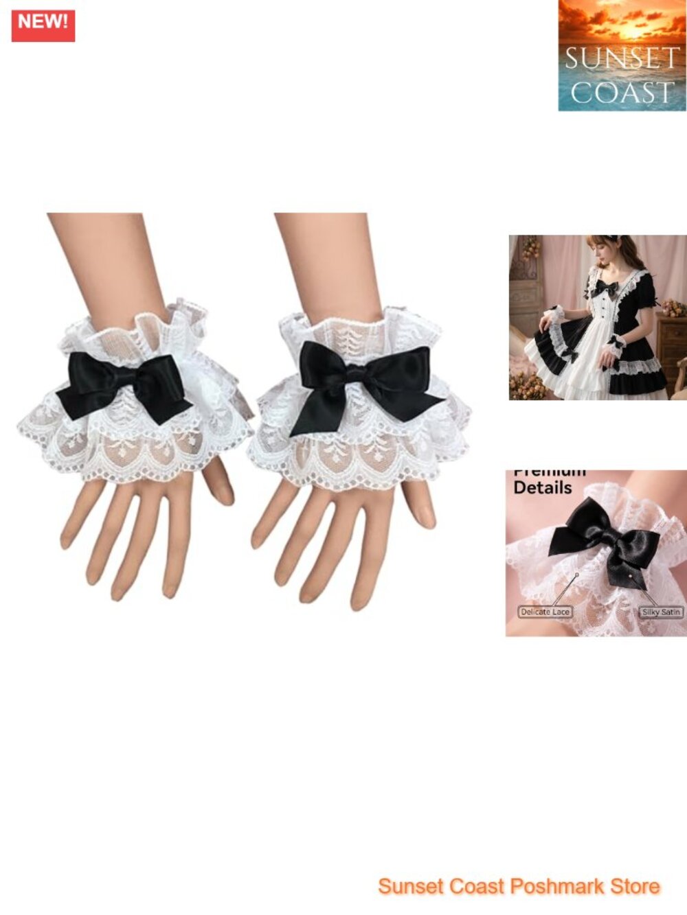 Lolita Lace Wrist Cuffs Ruffled Floral Satin Bow Cosplay Accessory